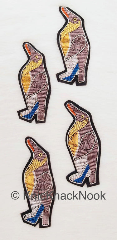 Hand Embroidered Penguins Applique In Grey, Silver, Gold